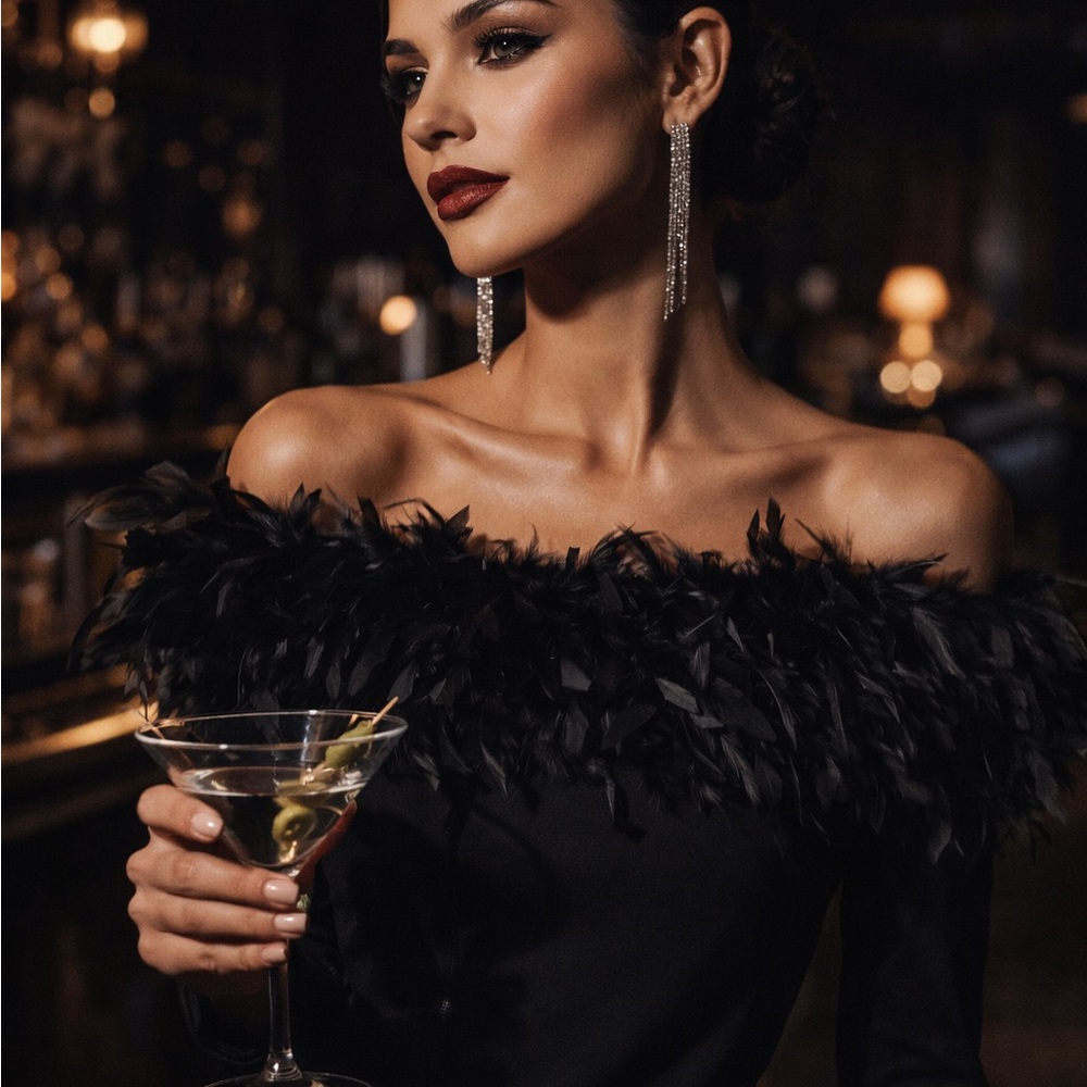 Black Feather Trim Off Shoulder Top Dramatic Goth Statement Blouse Long Sleeve S